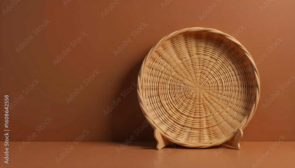 Obraz premium Round woven wicker basket, tray or plate stand on brown background. Asian Style Bamboo basket, created with generative ai
