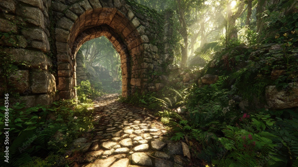 Obraz premium Stone archway entrance leads to lush forest path with sunlight filtering through dense foliage creating a magical scene