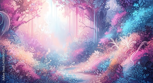 Enchanting Floral Landscape with Dreamy Pastel Colors and Intricate Line Art