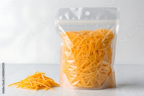 Shredded cheddar cheese in a clear stand up pouch bag