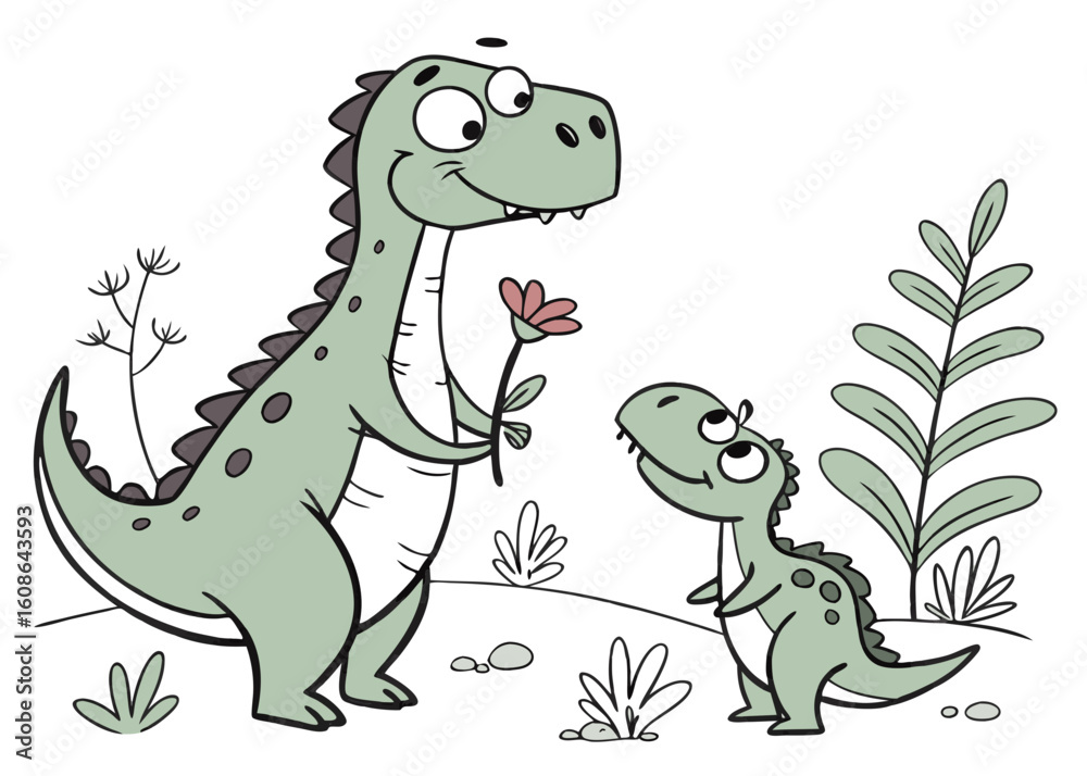 Fototapeta premium Cute green cartoon baby dinosaur vector illustration with a funny smiling tyrannosaurus character