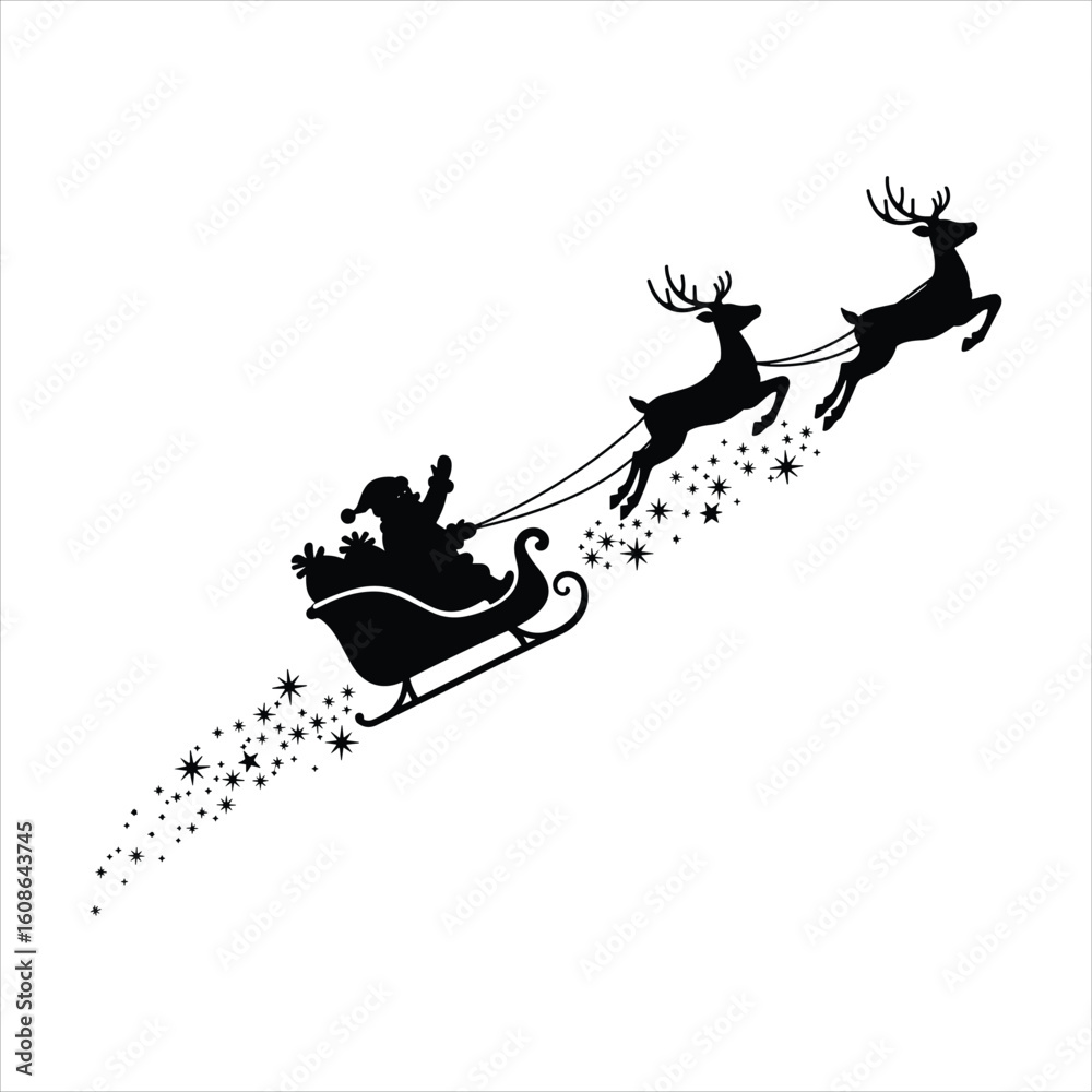 Fototapeta premium Santa Claus silhouette in sleigh with reindeers full of gifts and christmas tree. Merry christmas and Happy new year decoration. Vector on transparent background