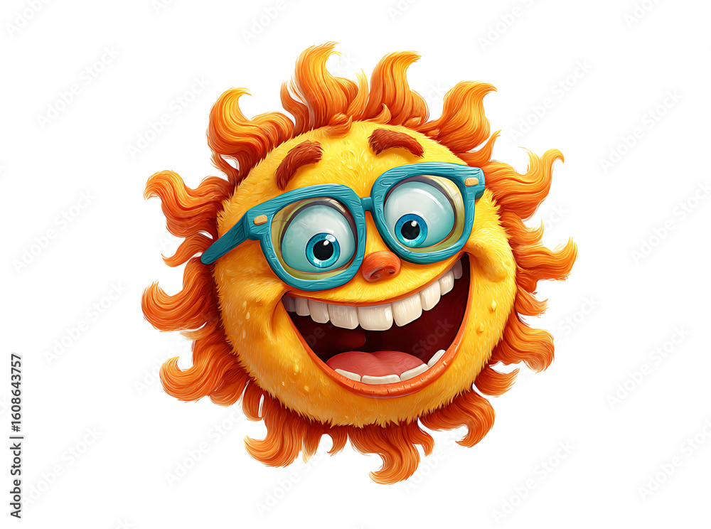 Fototapeta premium Happy sun character wearing glasses smiling brightly, Isolated On White, Transparent Background, Png