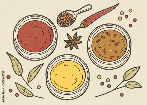 A delectable breakfast scene featuring a steaming cup of coffee, a set of spices, and delicious baked cookies