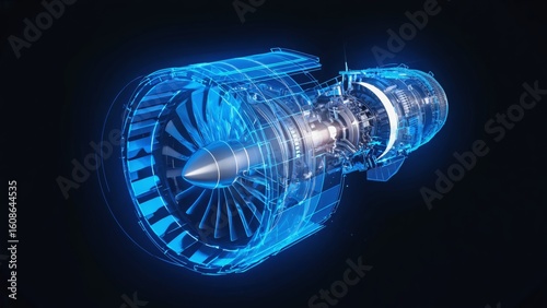 High-tech wireframe model of a modern aircraft jet engine, rendered in glowing blue tones, mechanical engineering, aerospace innovation, and advanced propulsion system design for aviation industries.