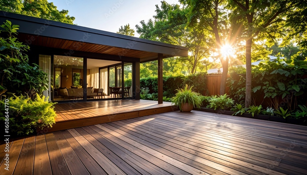 Obraz premium Sunset Serenity: Modern Home's Luxurious Deck