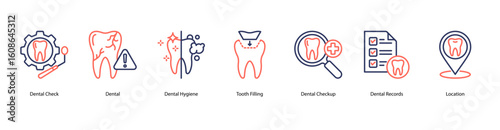 Routine dental check web banner icon vector illustration with Dental Check, Dental, Dental Hygiene, Tooth Filling, Dental Checkup, Dental Records, and Location.