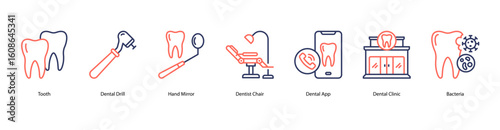 Dental clinic web banner icon vector illustration for Tooth, Dental Drill, Hand Mirror, Dentist Chair, Dental App, Dental Clinic, and Bacteria in a clinical environment.