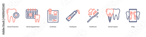 Dental tools web banner icon vector illustration includes Dental Protection, Dental Appointment, Certificate, Toothpaste, Toothbrush, Dental Implant, and X-Ray.