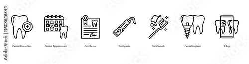 Dental tools web banner icon vector illustration includes Dental Protection, Dental Appointment, Certificate, Toothpaste, Toothbrush, Dental Implant, and X-Ray.