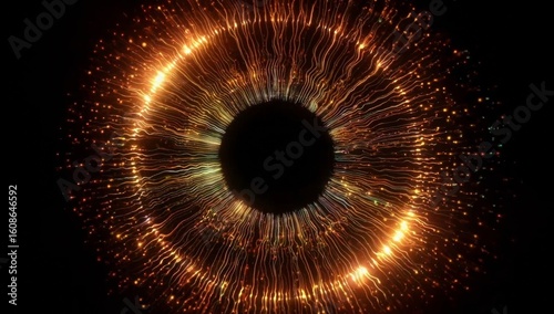 Golden sci-fi inspired circular eye, electric energy streams and pulsating light flares radiating from center resembling digital neural pathways or futuristic AI vision technology in cyber environment