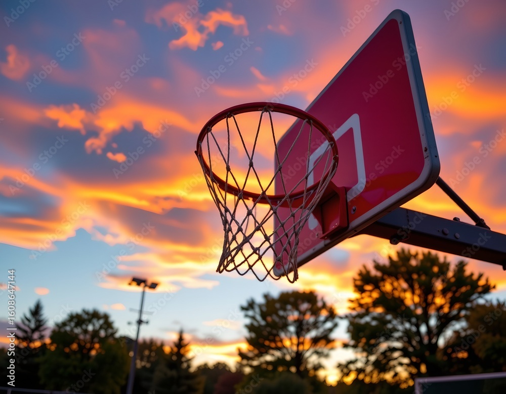 Serene Basketball Hoop Sunrise with Golden Glow Serene Basketball Hoop Sunrise with Golden Glow