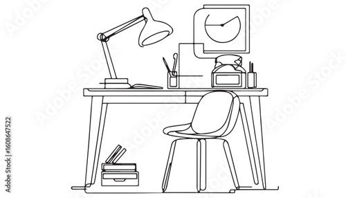 Continuous one single minimal line drawing computer desk with chair