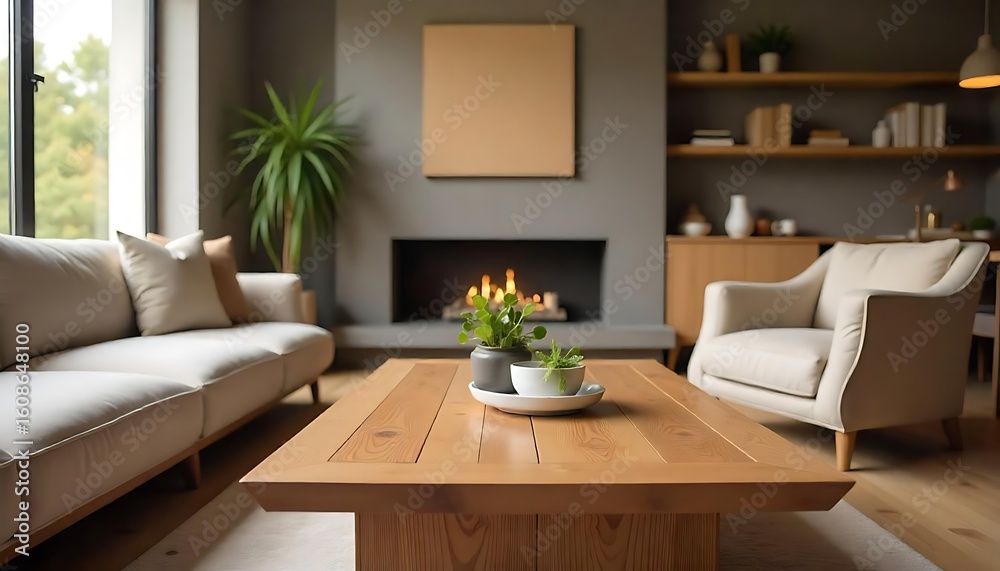 Fototapeta premium Wooden table living room cozy interior, created with generative ai