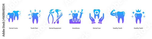 Oral health web banner icon vector illustration showing Dental Caries, Tooth Pain, Dental Equipment, Anesthesia, Dental Care, Healthy Tooth, and Healthy Teeth.