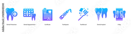 Dental tools web banner icon vector illustration includes Dental Protection, Dental Appointment, Certificate, Toothpaste, Toothbrush, Dental Implant, and X-Ray.