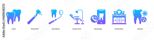 Dental clinic web banner icon vector illustration for Tooth, Dental Drill, Hand Mirror, Dentist Chair, Dental App, Dental Clinic, and Bacteria in a clinical environment.
