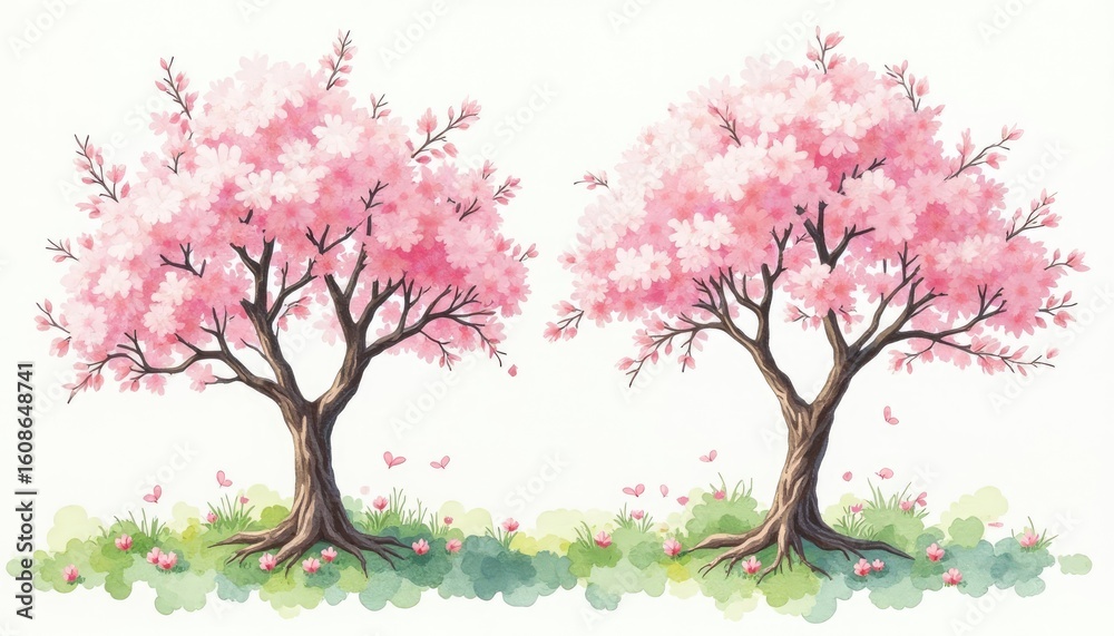 Obraz premium Elegant Watercolor Illustration of Two Blooming Sakura Trees with Falling Pink Petals