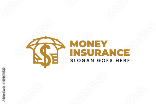 Business insurance solid icon or logo branding company. combination from umbrella, dollar symbol, square shape and line shapes. vector illustration in gold color object
