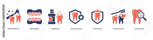 Orthodontic care web banner icon vector illustration for Dental Treatment, Dental Braces, Mouthwash, Dental Insurance, Dental Crown, Dental Cleaning, and Dental Check.