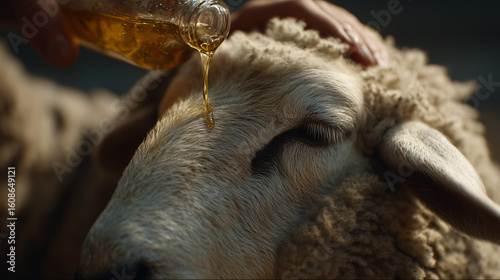 Blessing of Lamb: A close-up shot captures the essence of care as a hand gently anoints a lamb with oil. The scene evokes themes of gentleness and tenderness.