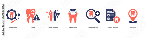 Routine dental check web banner icon vector illustration with Dental Check, Dental, Dental Hygiene, Tooth Filling, Dental Checkup, Dental Records, and Location.