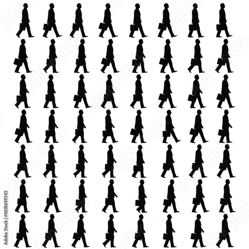 Crowd of Walking Business People in Black Silhouettes Against White Background Repetitive Pattern Symbolic of Career Path
