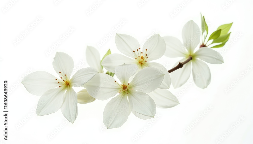Fototapeta premium Delicate White Blossoms on a Branch with Vibrant Green Leaves Against a Clean White Background