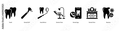 Dental clinic web banner icon vector illustration for Tooth, Dental Drill, Hand Mirror, Dentist Chair, Dental App, Dental Clinic, and Bacteria in a clinical environment.