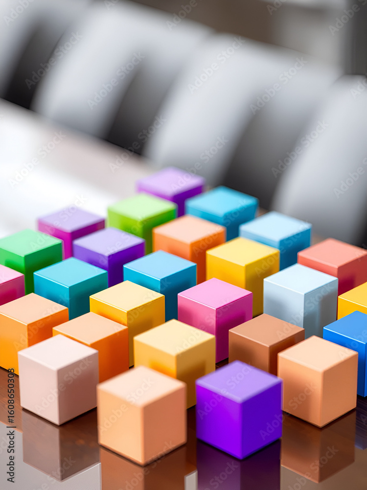 Fototapeta premium Group of colorful cubes on table depicting real-time cross-sector capital diffusion in visualizer concept