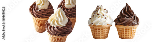 chocolate and vanilla swirl soft serve ice cream in waffle cone isolated on a transparent background