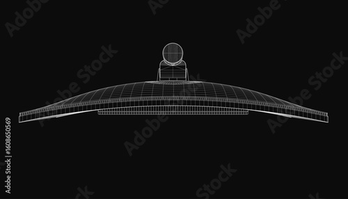 A 3D wireframe model of a domed building displayed on a monitor against a black background. The structure features clean geometric lines and transparent surfaces.