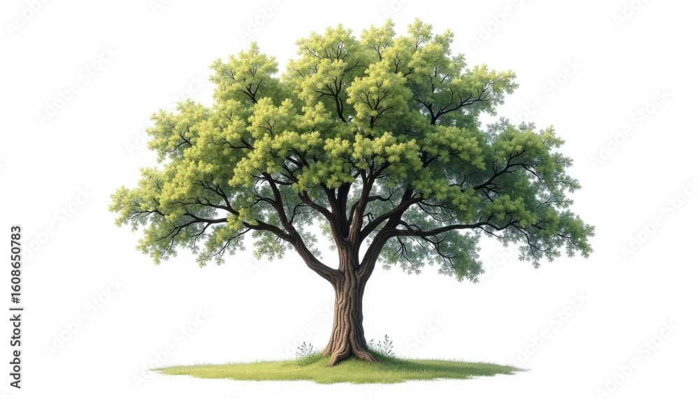 Stylized Illustration of a Grand Solitary Tree with a Lush Green Canopy on White Stylized Illustration of a Grand Solitary Tree with a Lush Green Canopy on White