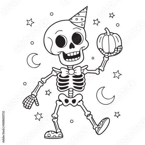Cartoon skeleton with party hat holding a pumpkin outline