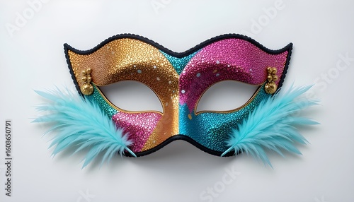 Close up of a colorful venetian carnival mask with feathers on a white background studio shot