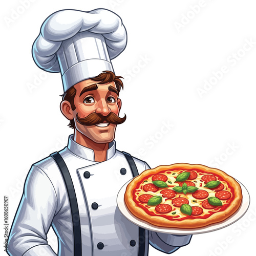 Cartoon Chef Proudly Presents Delicious Pizza Italian Cuisine Culinary Art Illustration Restaurant Concept Pizza Maker