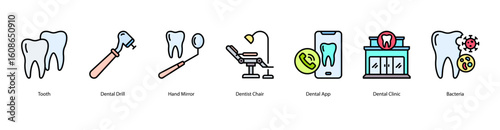 Dental clinic web banner icon vector illustration for Tooth, Dental Drill, Hand Mirror, Dentist Chair, Dental App, Dental Clinic, and Bacteria in a clinical environment.