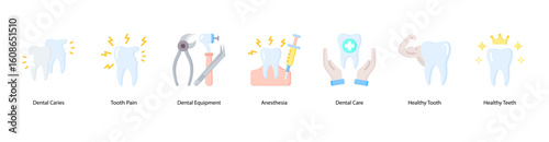 Oral health web banner icon vector illustration showing Dental Caries, Tooth Pain, Dental Equipment, Anesthesia, Dental Care, Healthy Tooth, and Healthy Teeth.