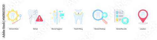 Routine dental check web banner icon vector illustration with Dental Check, Dental, Dental Hygiene, Tooth Filling, Dental Checkup, Dental Records, and Location.