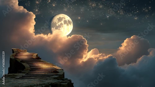 Stairway to the Moon: A Celestial Journey Through Clouds and Stars at Night