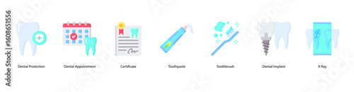 Dental tools web banner icon vector illustration includes Dental Protection, Dental Appointment, Certificate, Toothpaste, Toothbrush, Dental Implant, and X-Ray.
