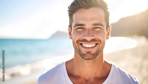 Happy man smiling at the beach on a sunny day