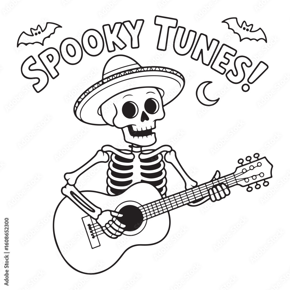 Fototapeta premium Skeleton playing guitar with bats and spooky tunes text