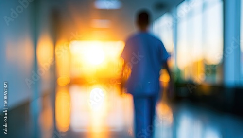 Fototapeta Naklejka Na Ścianę i Meble -  Blurred hospital hallway at sunset