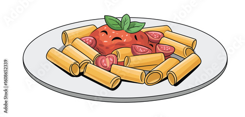 Delicious italian rigatoni pasta dish with rich tomato sauce and fresh basil garnish