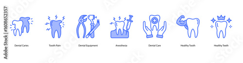 Oral health web banner icon vector illustration showing Dental Caries, Tooth Pain, Dental Equipment, Anesthesia, Dental Care, Healthy Tooth, and Healthy Teeth.