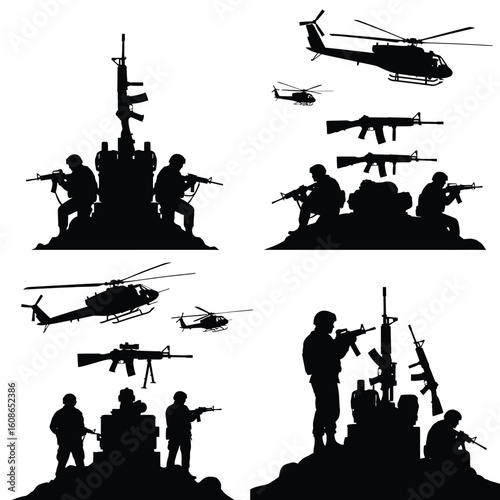 Silhouette of Soldiers and Helicopters Military Operation Preparing for Combat in a Warzone Vector Graphic Illustration