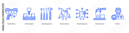 Dental restoration web banner icon vector illustration with Dental Veneer, Dental Implant, Dental Equipment, Dental Checkup, Dental Diagnostics, Tooth Extraction, and Dentist.