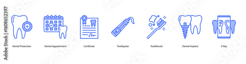 Dental tools web banner icon vector illustration includes Dental Protection, Dental Appointment, Certificate, Toothpaste, Toothbrush, Dental Implant, and X-Ray.