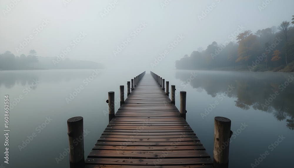 Naklejka premium A wooden pier stretching into a misty lake surrounded by trees on a foggy morning landscape view